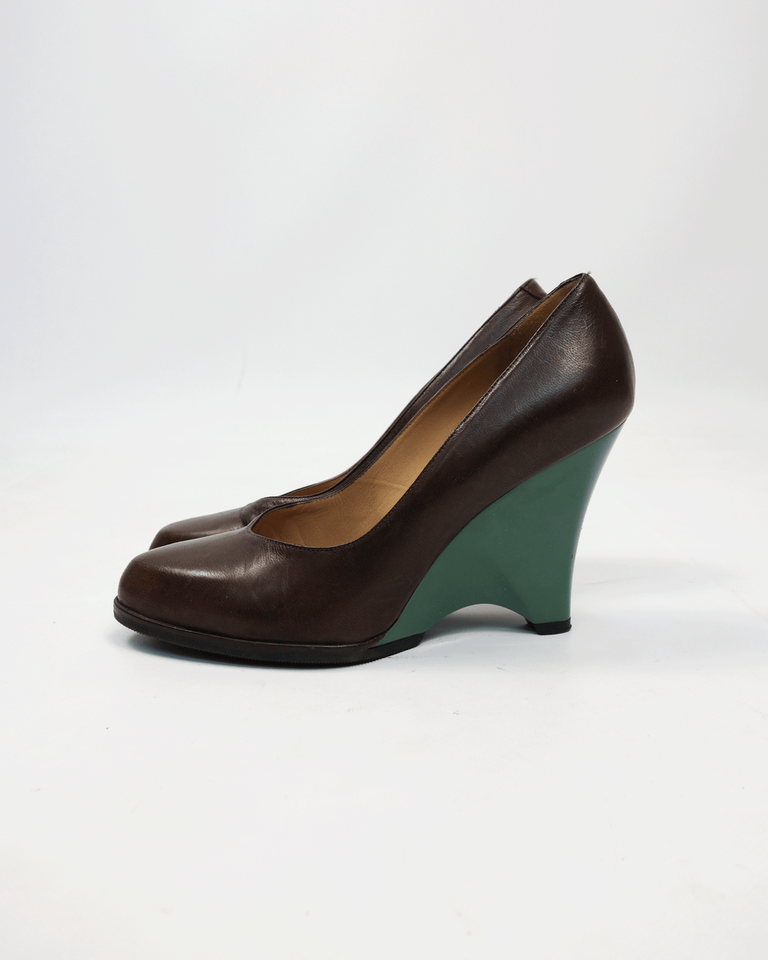 Marni Green Shiny Heel Brown Leather Heels 2000's