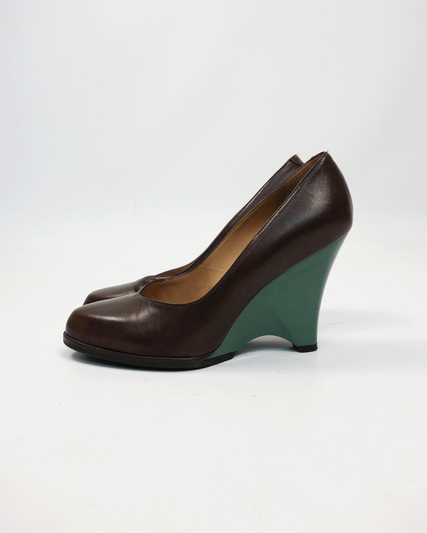 Marni Brown Leather Wedges Sculptural Green Plastic Heels 2000's