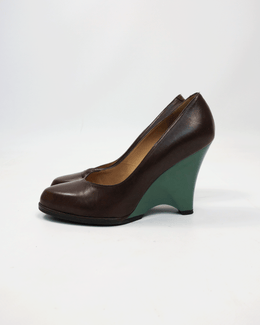 Marni Brown Leather Wedges Sculptural Green Plastic Heels 2000's