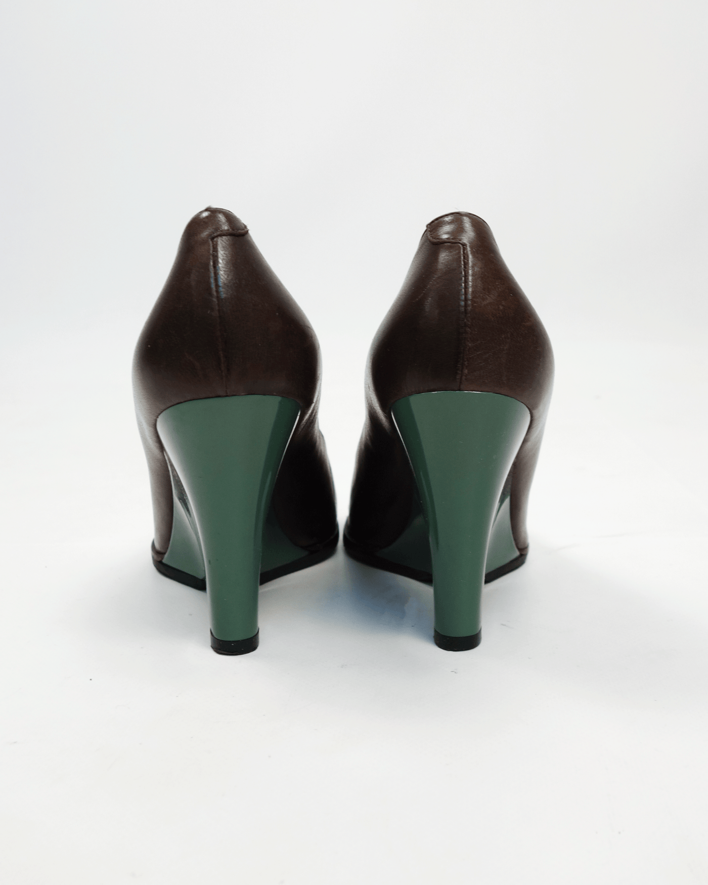 Marni Brown Leather Wedges Sculptural Green Plastic Heels 2000's