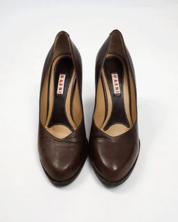 Marni Brown Leather Wedges Sculptural Green Plastic Heels 2000's