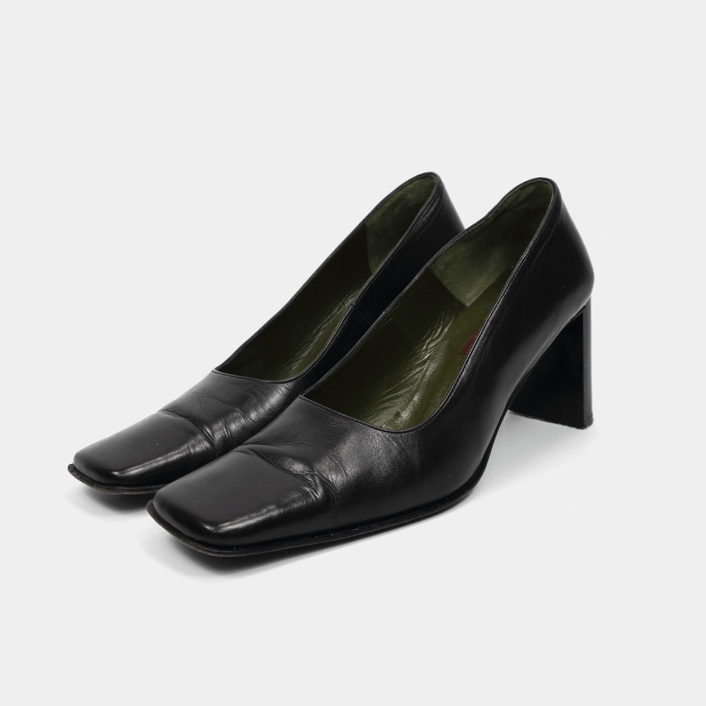 Kenzo Squared Toe Black Leather Heels 2000's