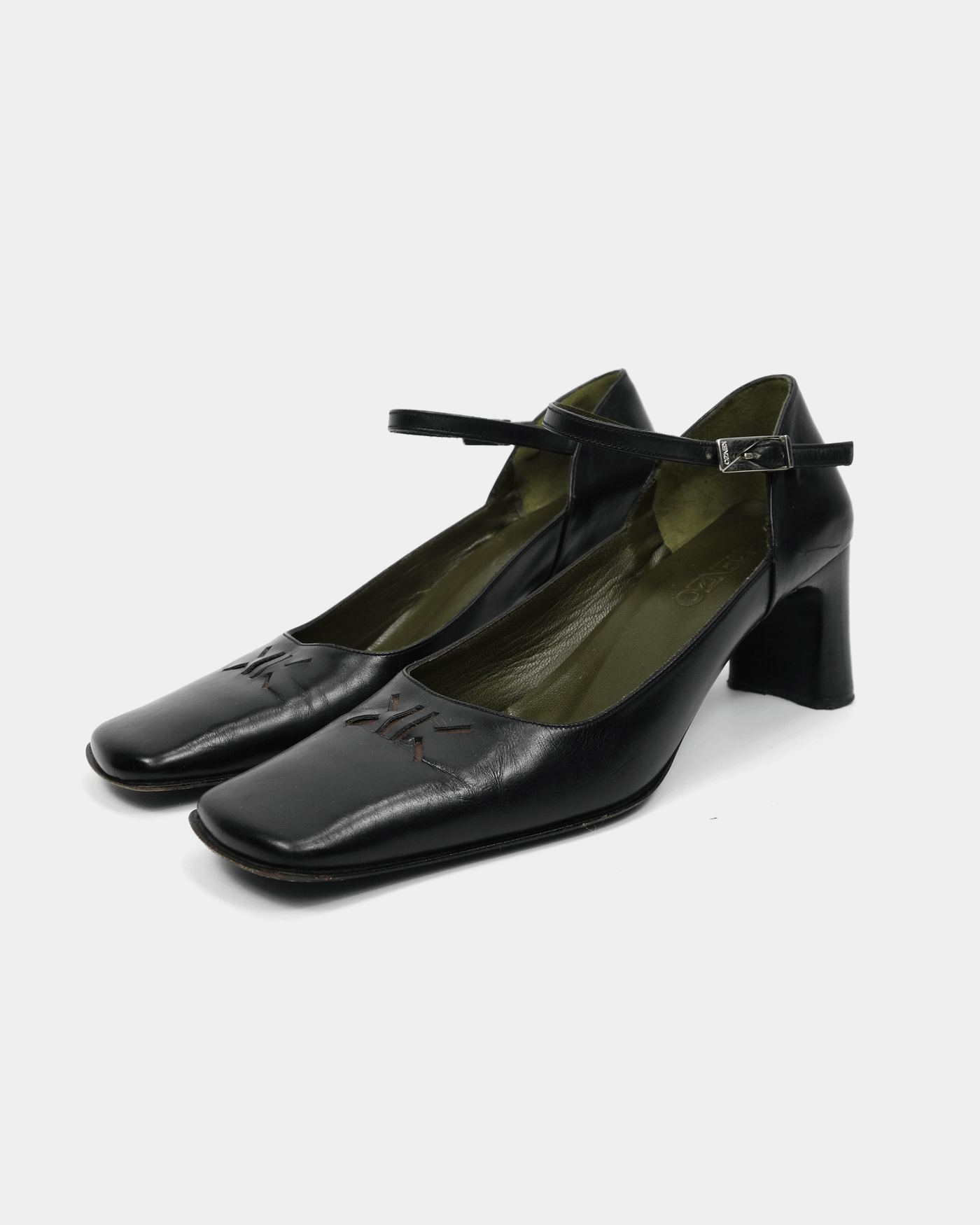 Kenzo 2-Layer Logo Squared Toe Black Leather Heels 2000's