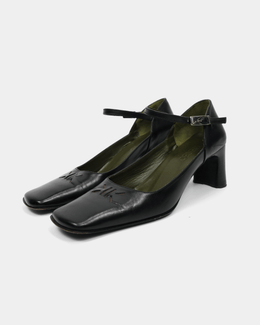 Kenzo 2-Layer Logo Squared Toe Black Leather Heels 2000's