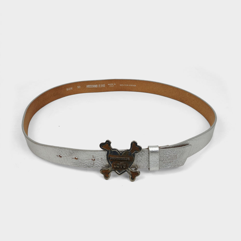 Moschino Skull Heart Silver Leather Belt 2000's