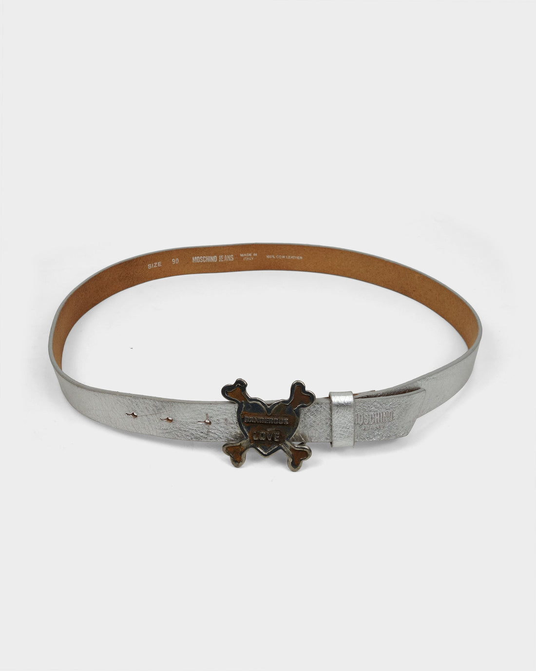 Moschino Skull Heart Silver Leather Belt 2000's