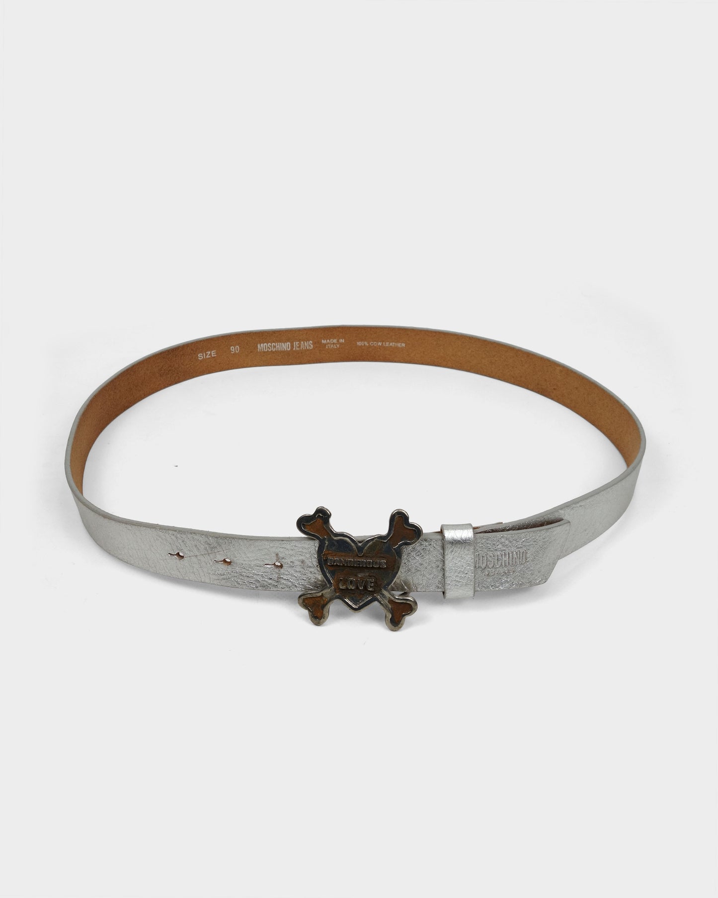 Moschino Skull Heart Silver Leather Belt 2000's