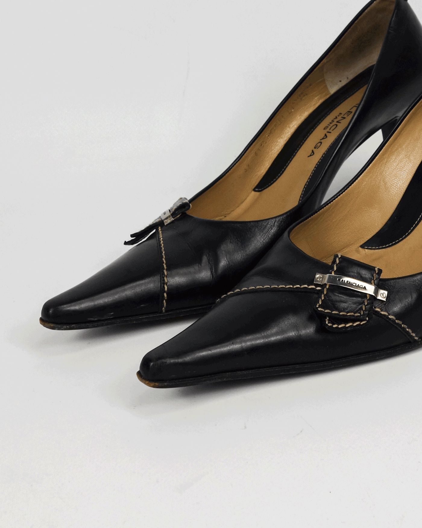 Balenciaga Sharped Toe Black Leather Heels 1990's