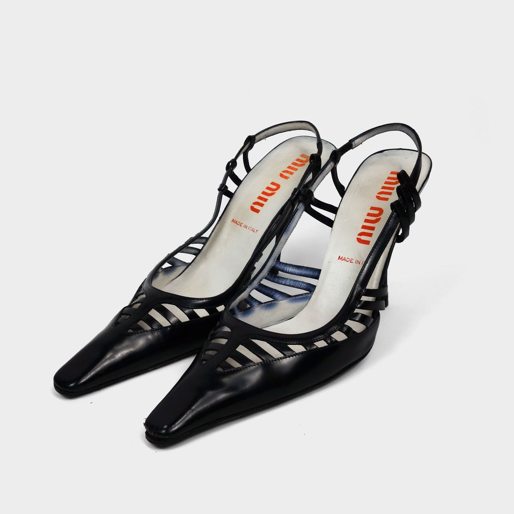 Miu Miu Black Leather Stripes Heels 2000's