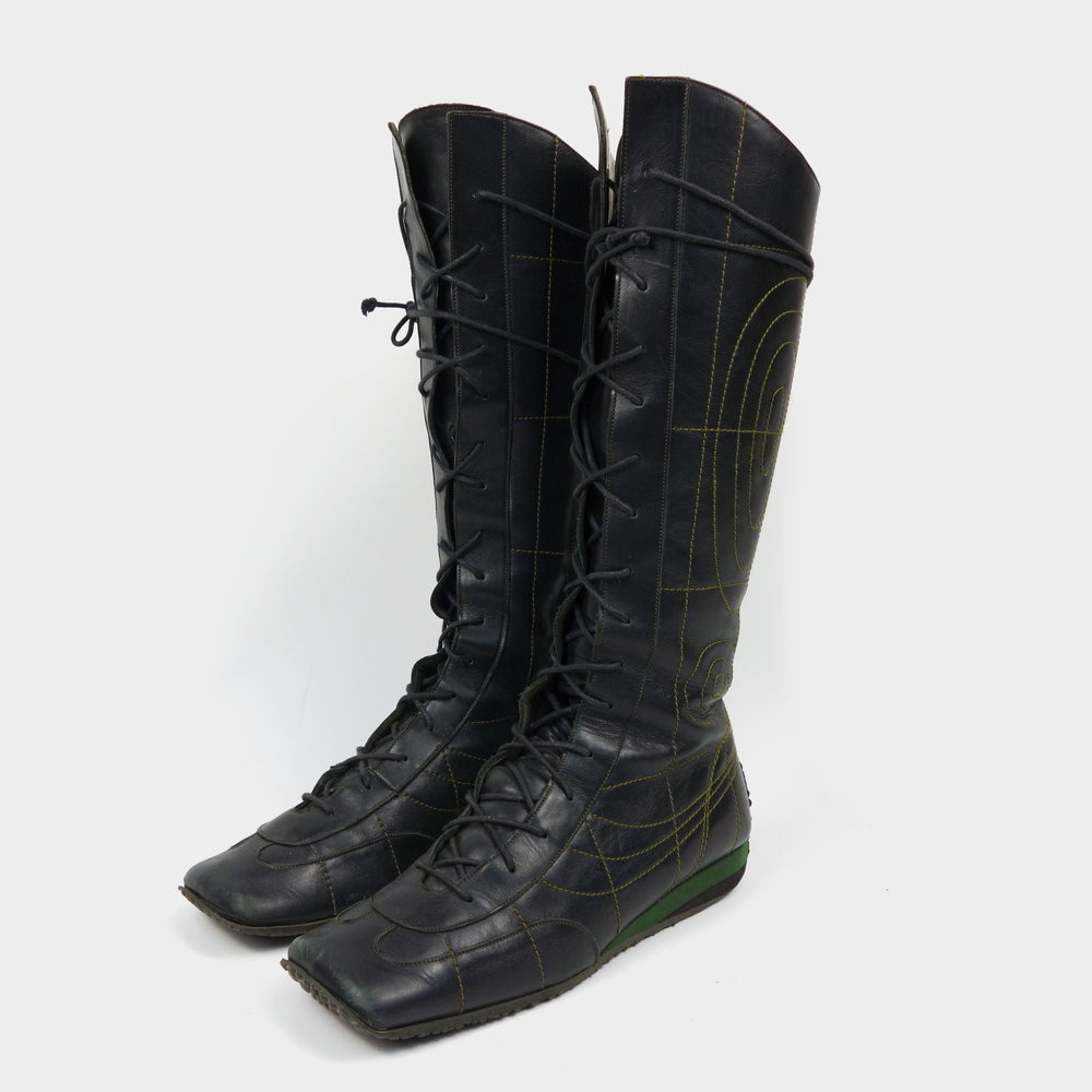 Muxart Black and Green Stitched Black Leather Boots 2000's