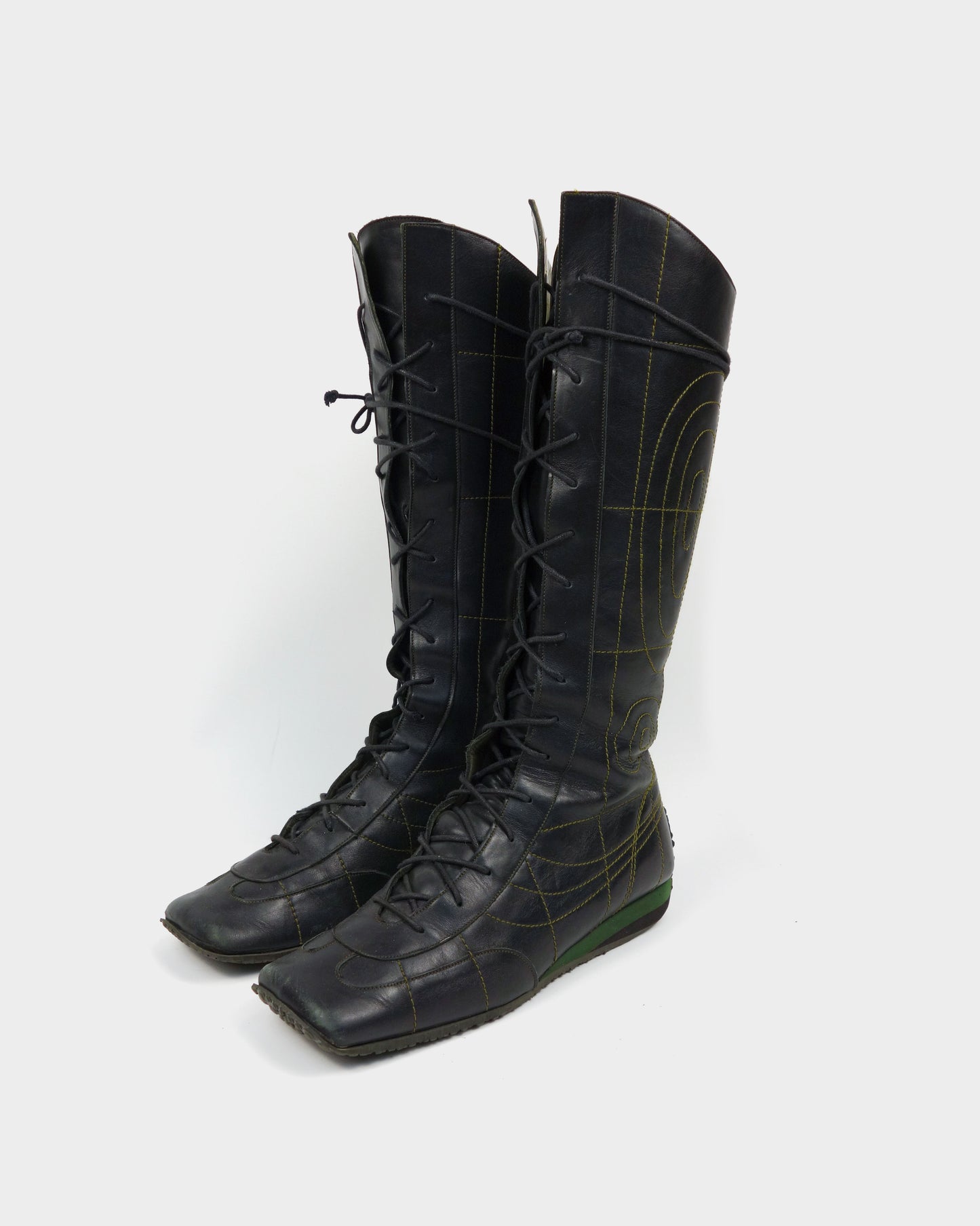 Muxart Black and Green Stitched Black Leather Boots 2000's