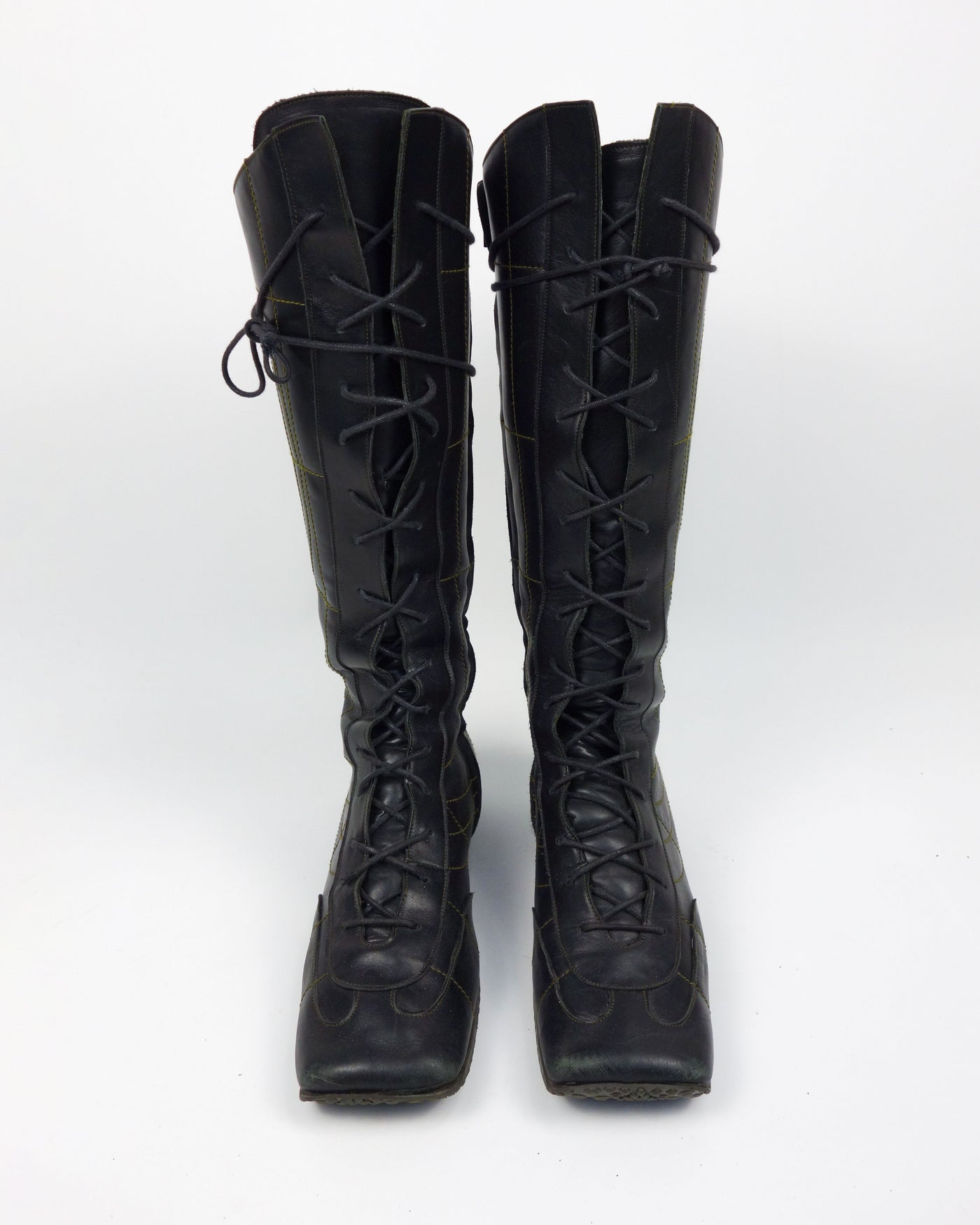 Muxart Black and Green Stitched Black Leather Boots 2000's