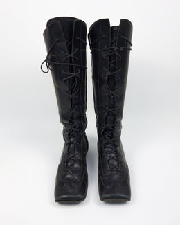 Muxart Black and Green Stitched Black Leather Boots 2000's