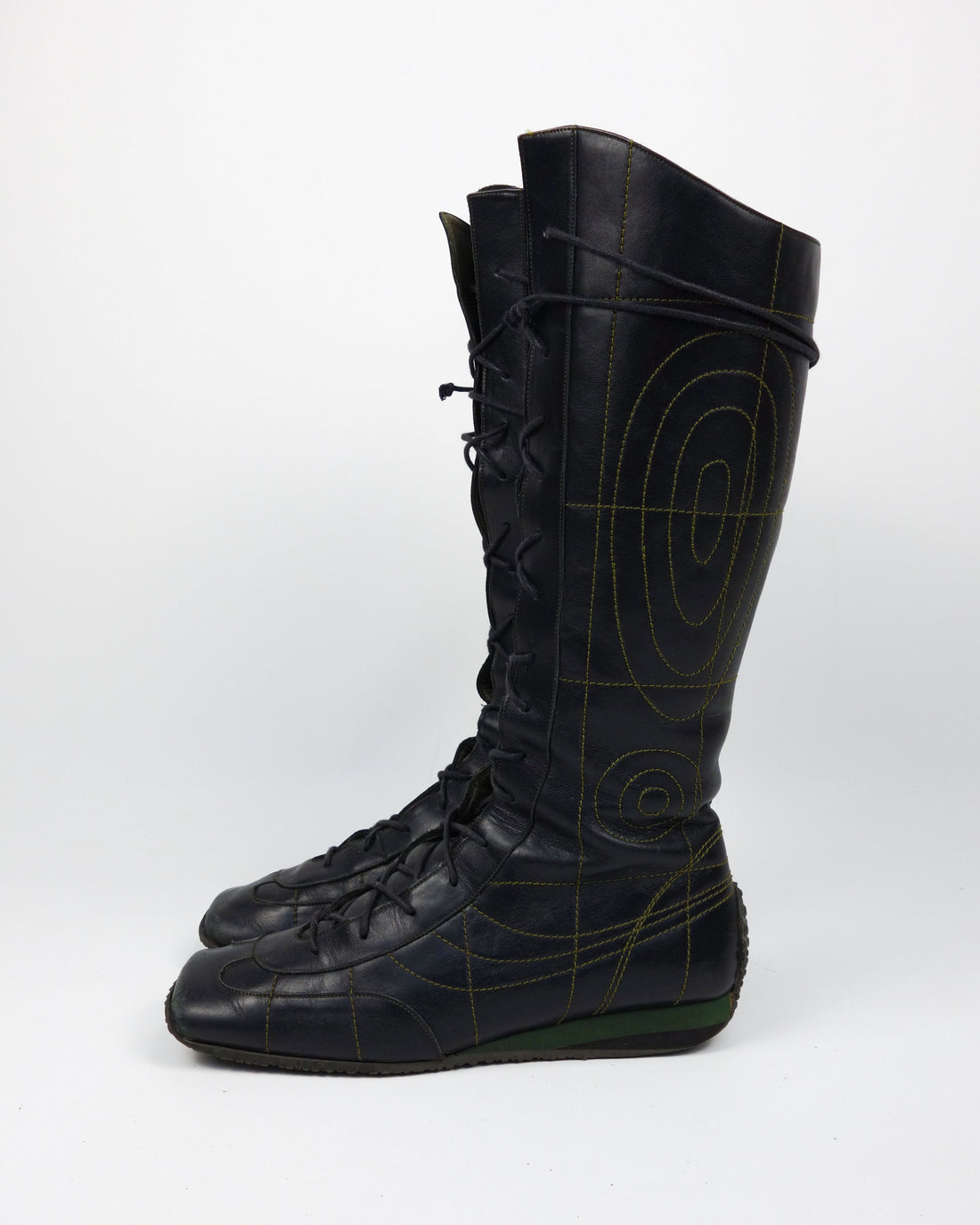 Muxart Black and Green Stitched Black Leather Boots 2000's