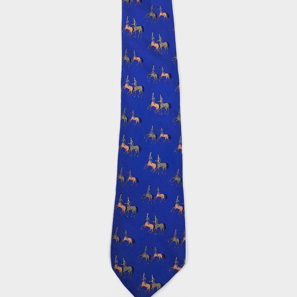 Hermes Blue Horses Print Silk Tie 1990's