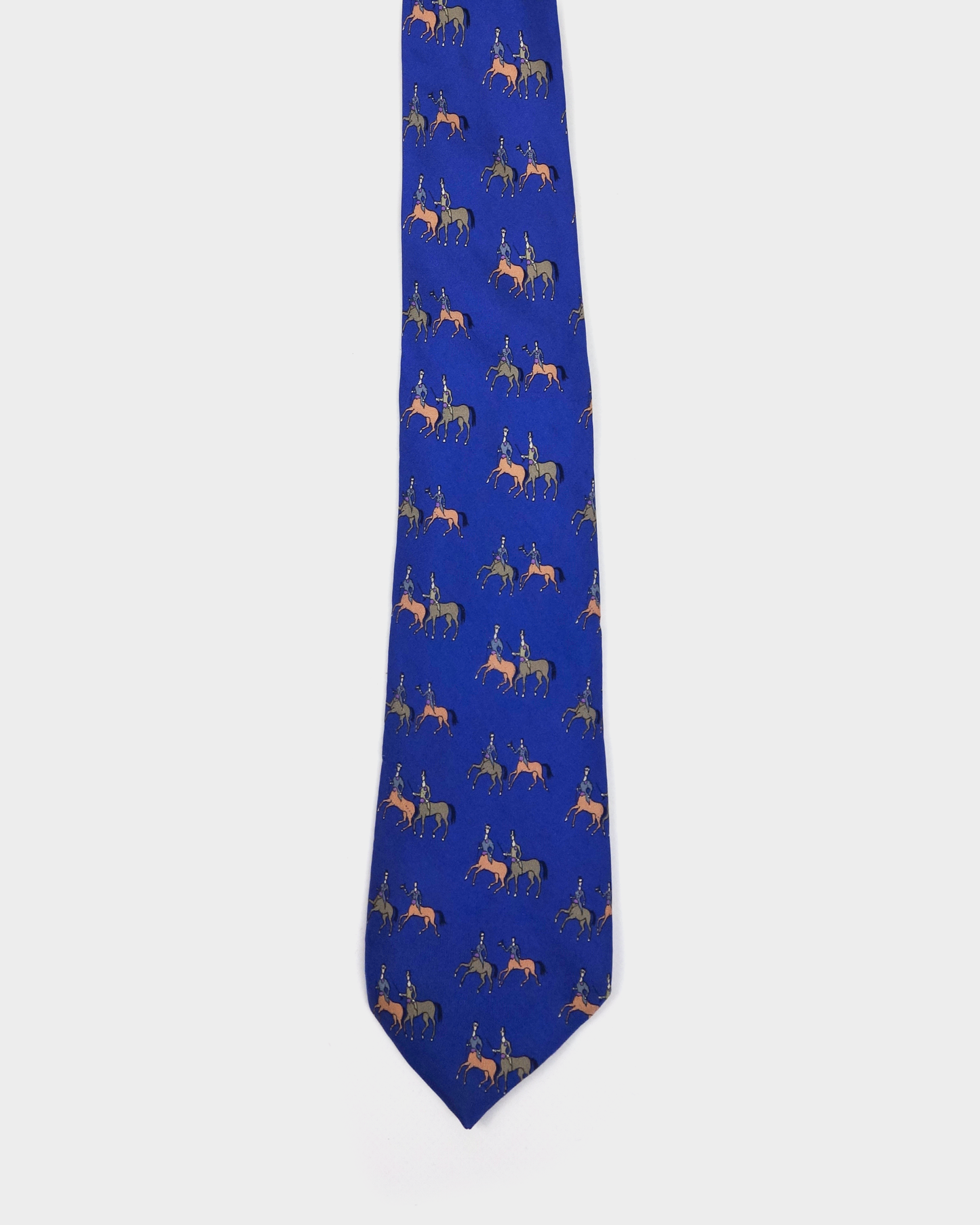 Hermes Blue Horses Print Silk Tie 1990's