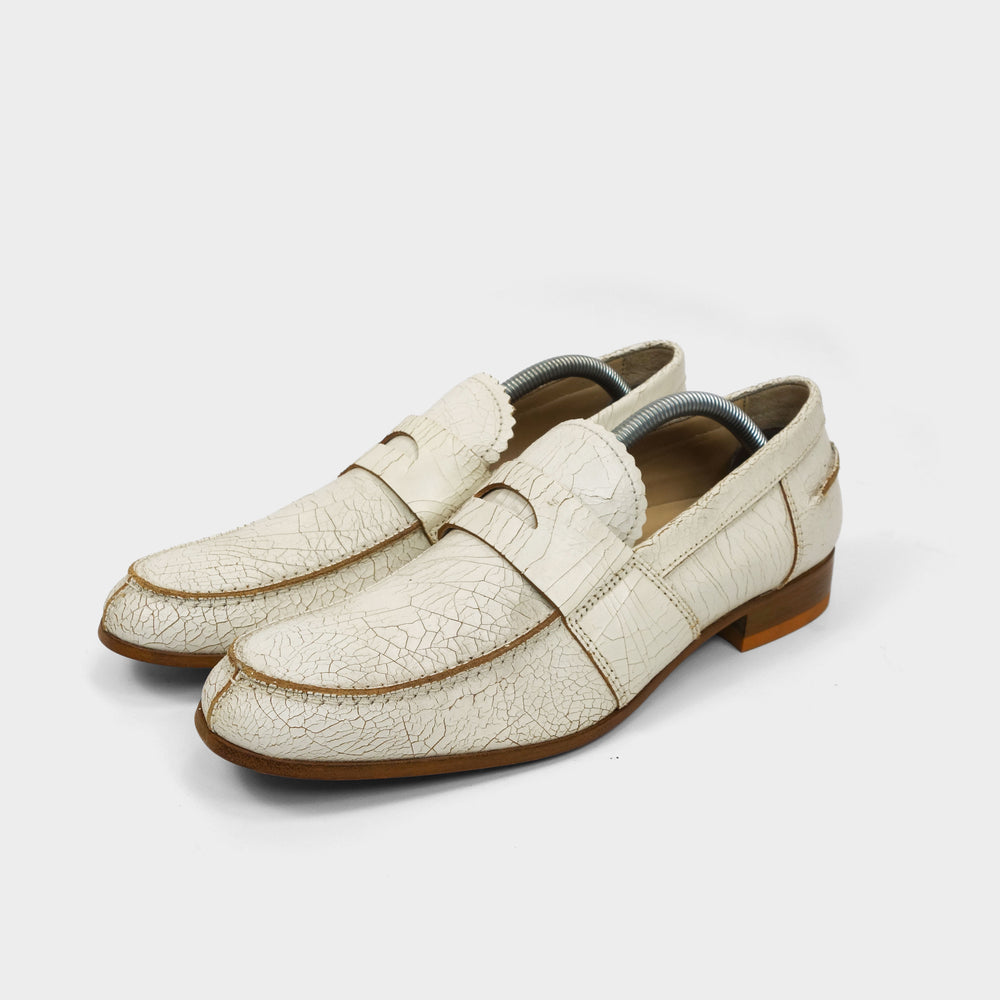 Miu Miu White Cracked Leather Loafers 2000's