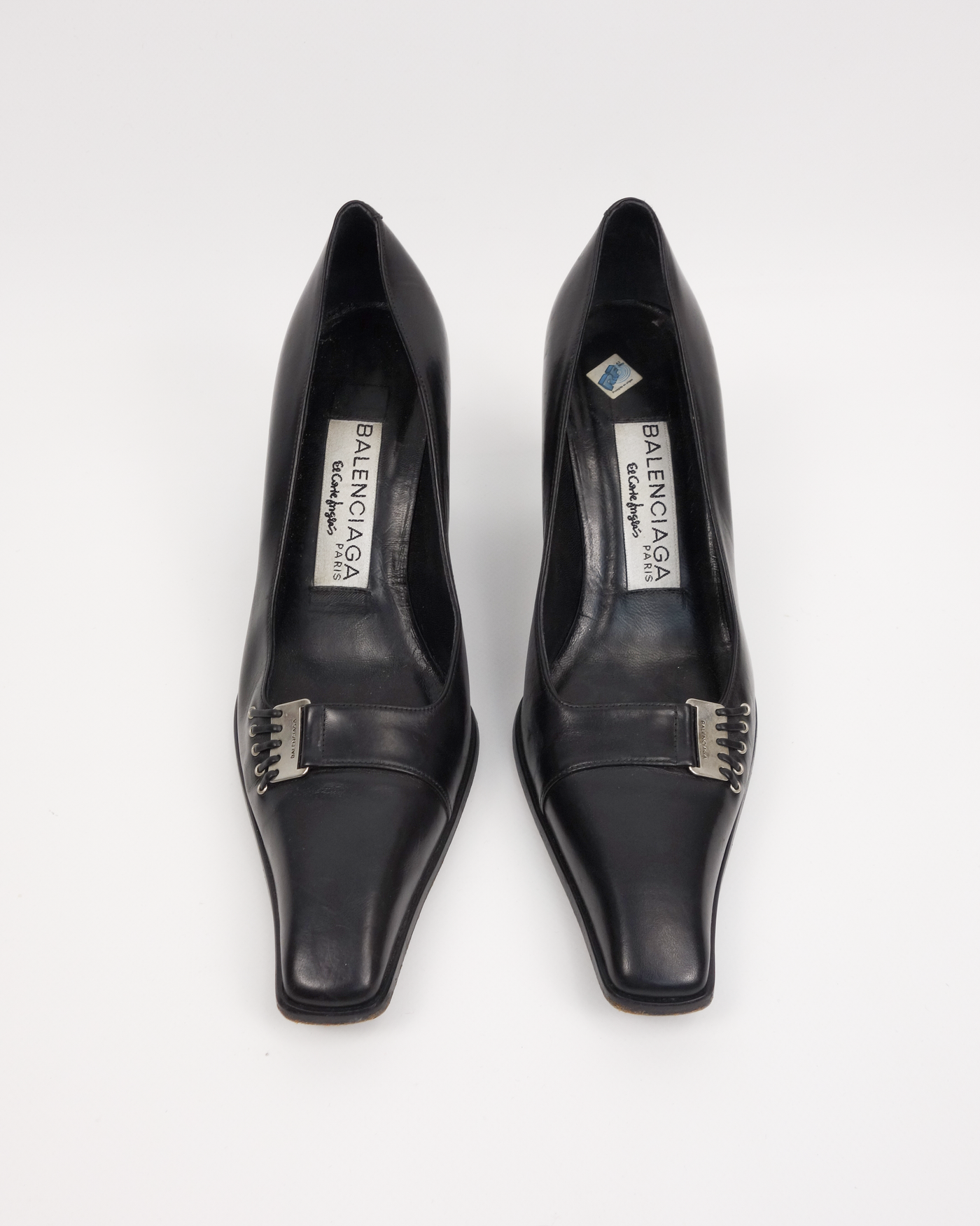 Balenciaga Metallic Logo Black Leather Heels 1990's