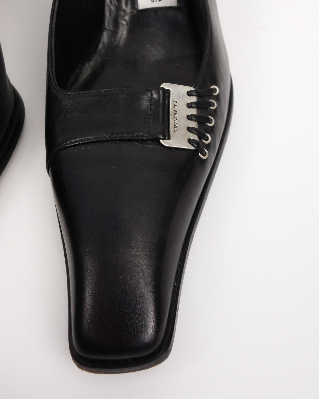 Balenciaga Metallic Logo Black Leather Heels 1990's