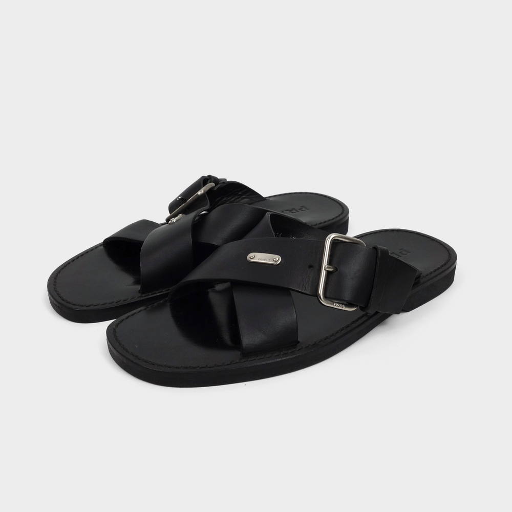 Prada Cross Black Leather Sandals 2000's