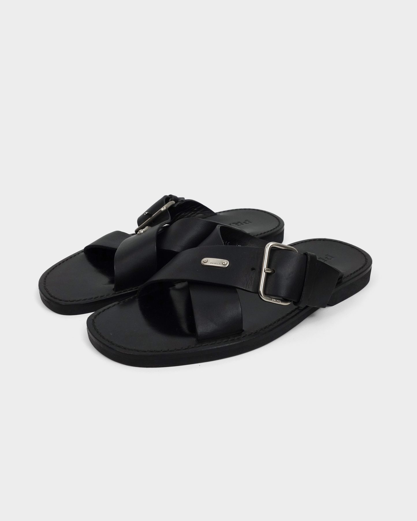 Prada Cross Black Leather Sandals 2000's