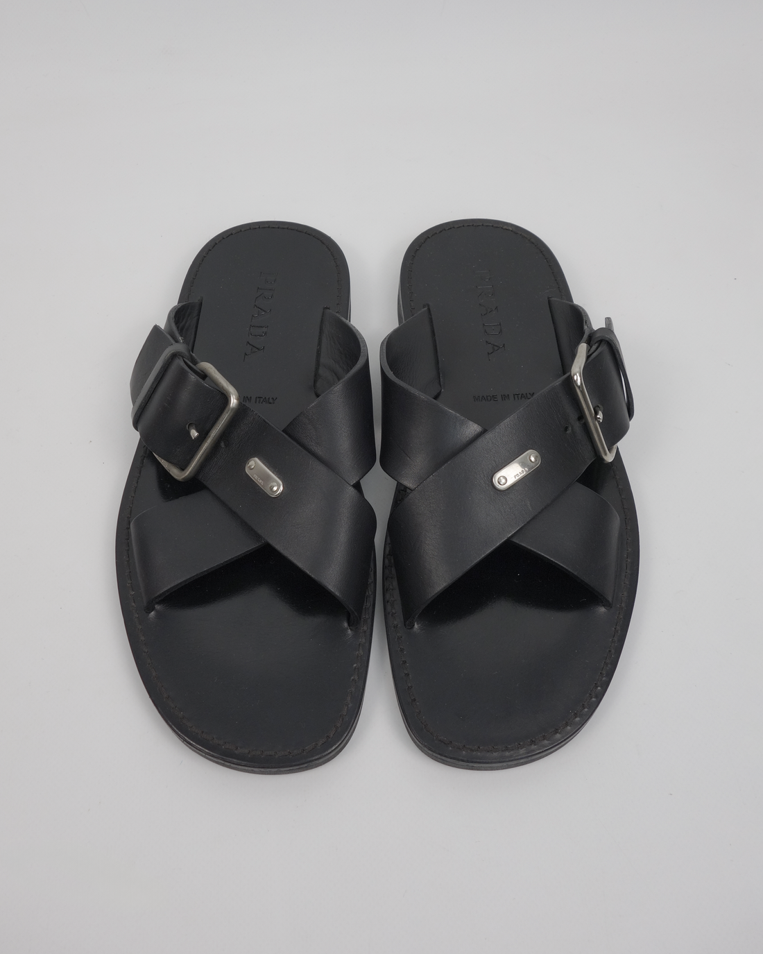 Prada Cross Black Leather Sandals 2000's