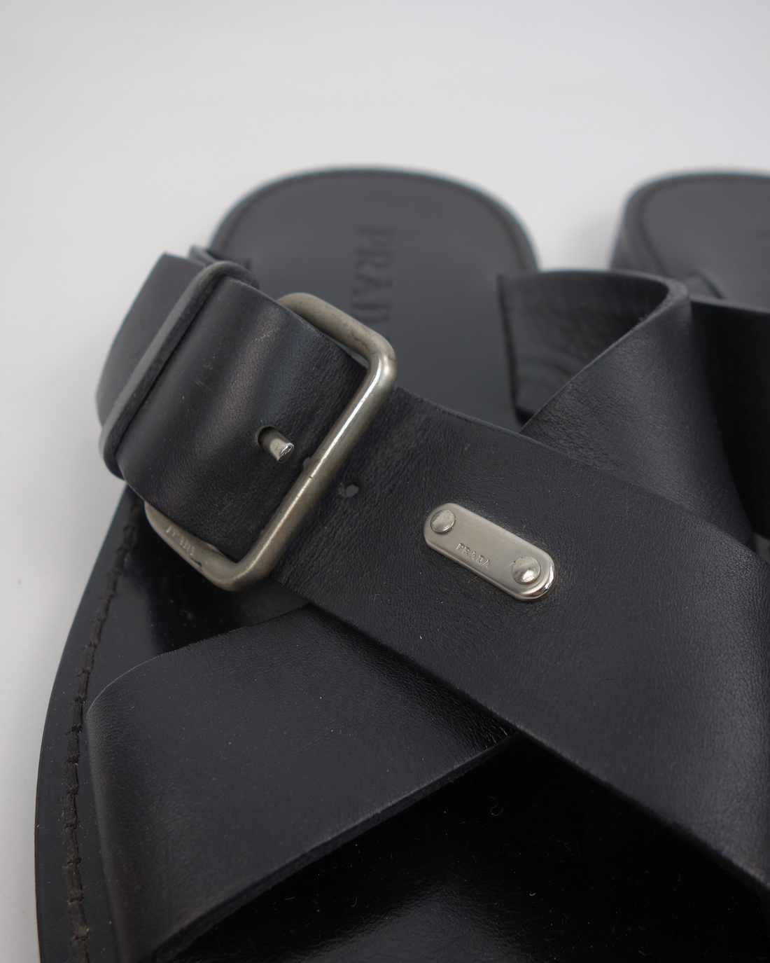 Prada Cross Black Leather Sandals 2000's