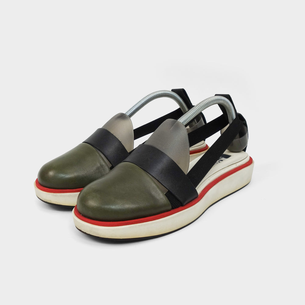 Jil Sander Navy Green Leather Platform Sandals 2000's