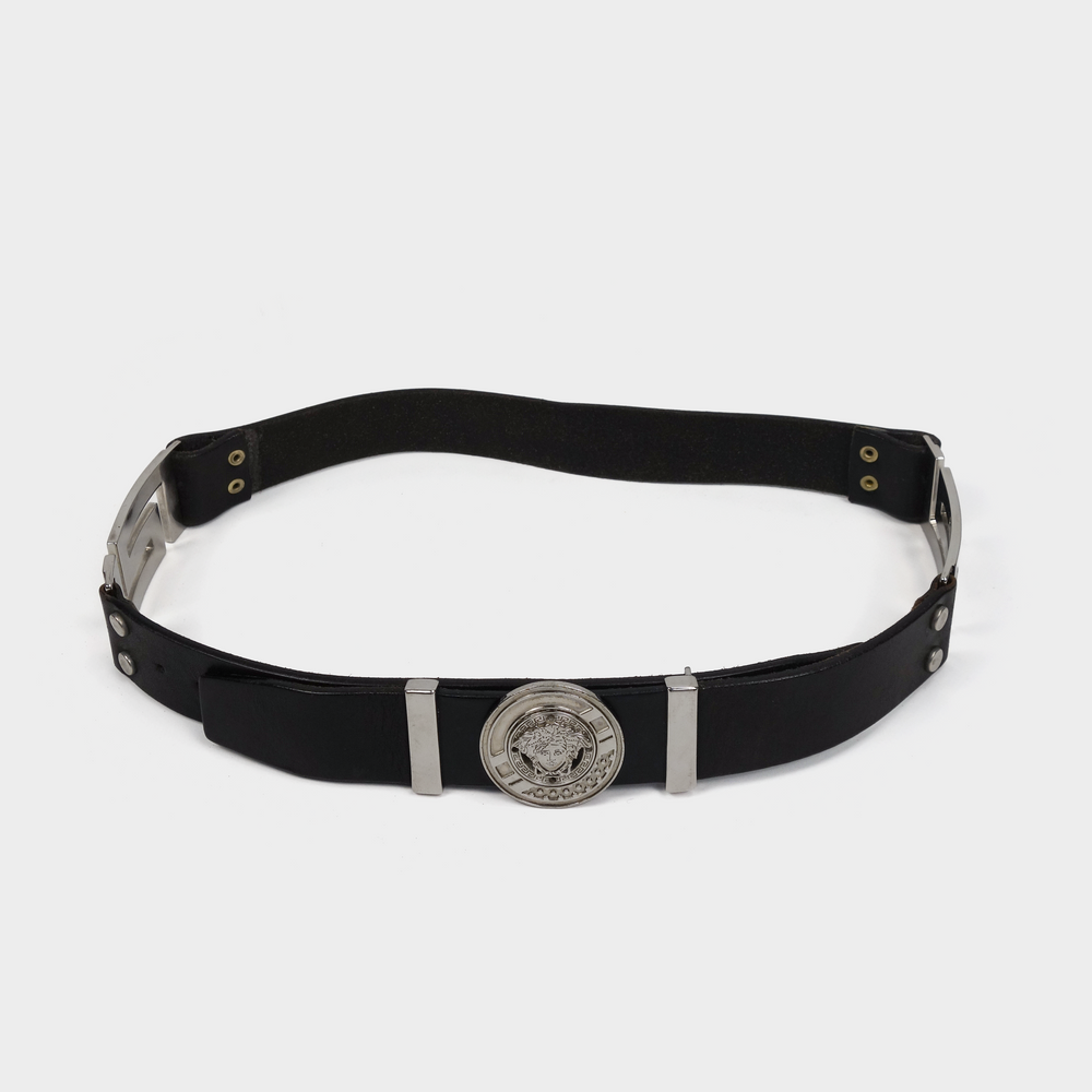 Versace 3-Silver Logo Leather Belt 1990's