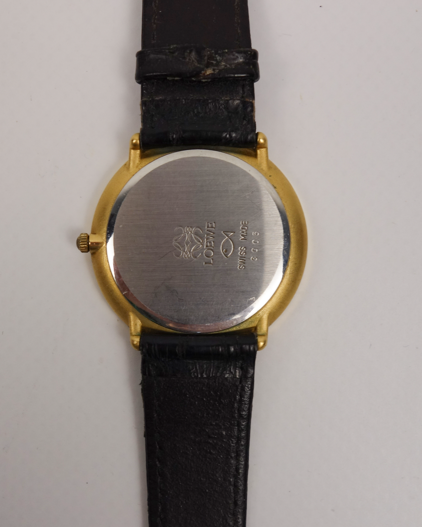 Loewe Golden Monogram Black Leather Strap Watch 1990's