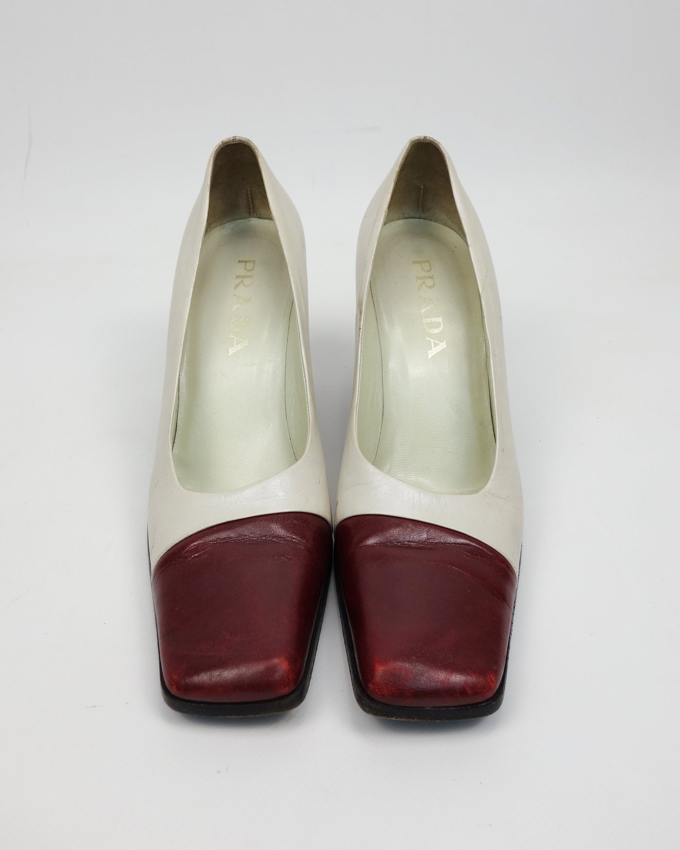 Prada Squared Toes White And Red Heels 1990's