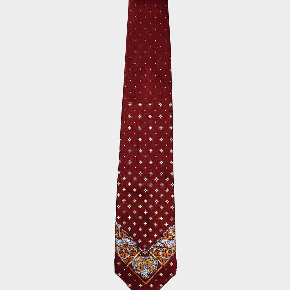 Versace Logo Red Print Silk Tie 1990's