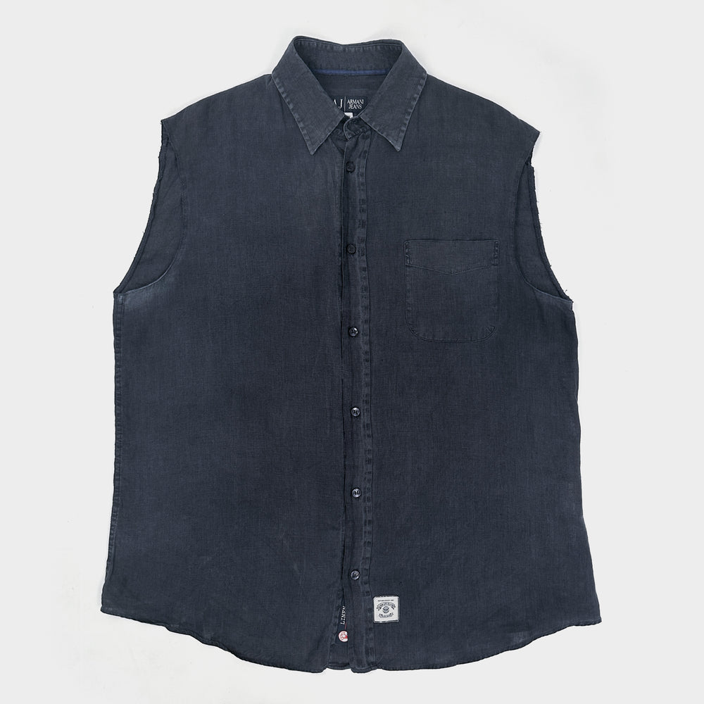 Armani Dark Blue Linen Sleveless Shirt 1990's