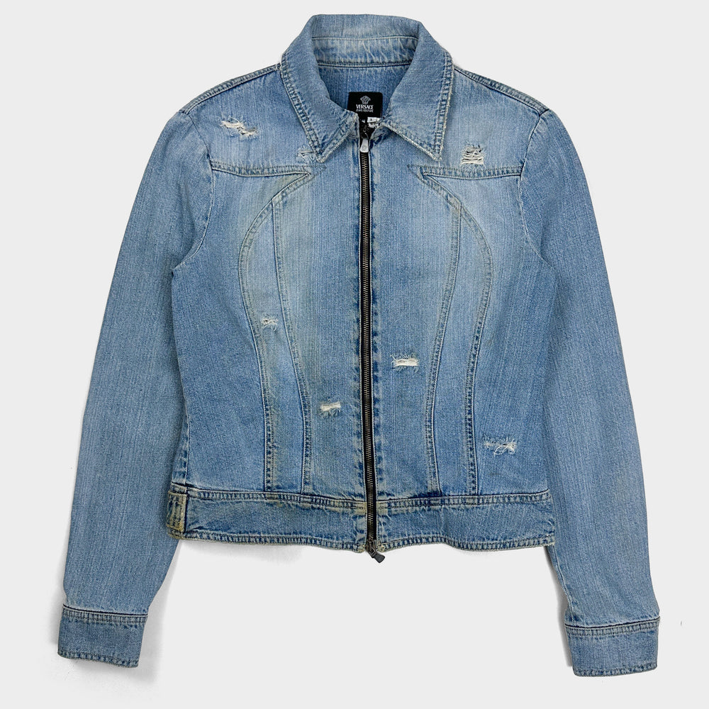 Versace Distressed Zip-Up Denim Jacket 1990's