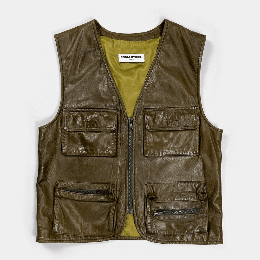 Sonia Rykiel Khaki Utility Leather Vest 2000's