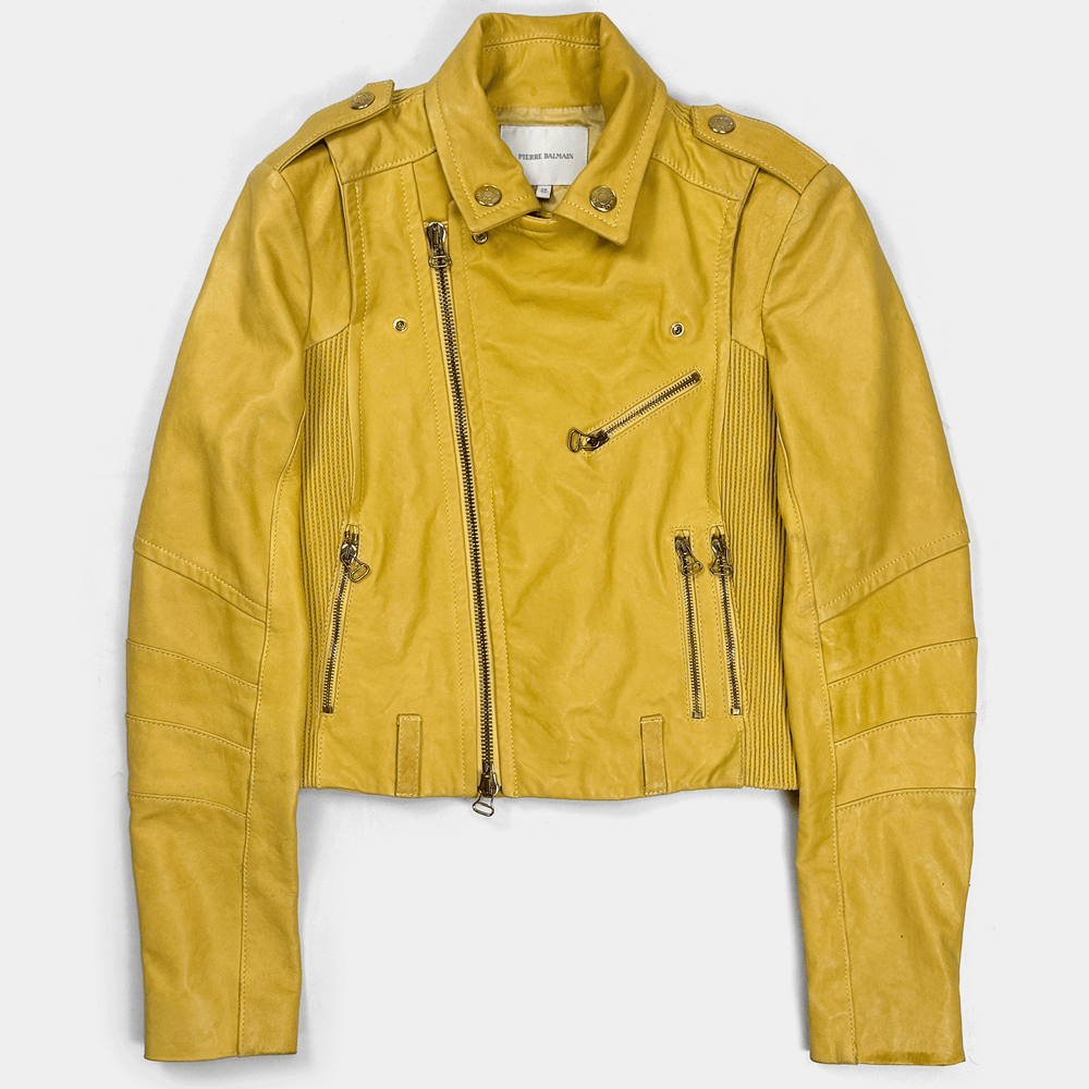 Balmain Yellow Biker Leather Jacket 1990's