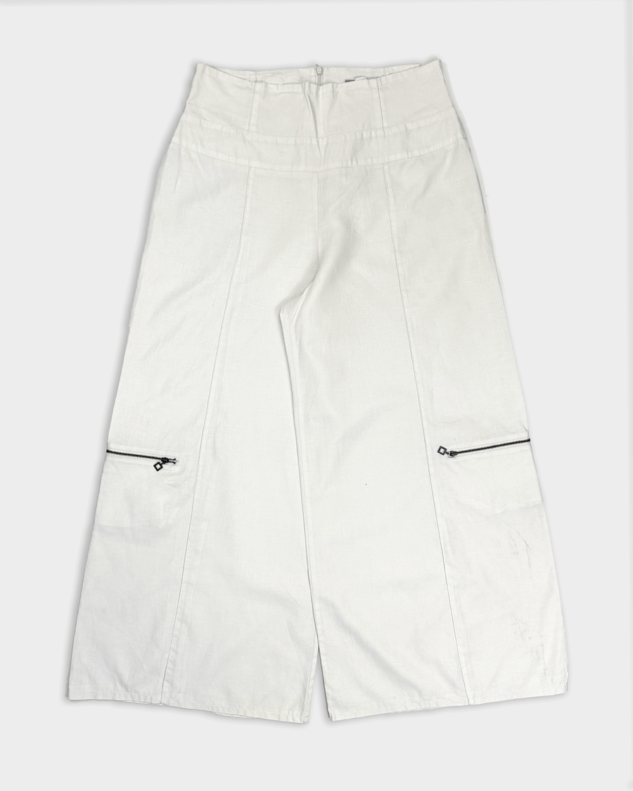 Sarah Pacini White Linen Super Wide-Leg Pants 2000's