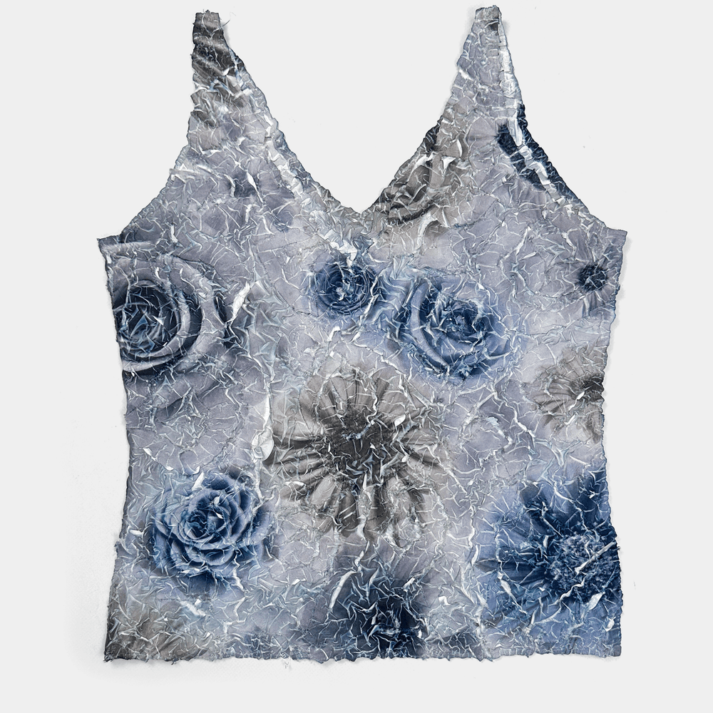 Anne Fontaine Pleated Blue Roses Top 1990's