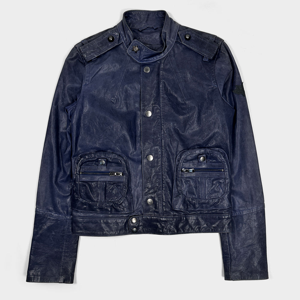 Diesel Dark Blue Cropped Leather Jacket 2000's