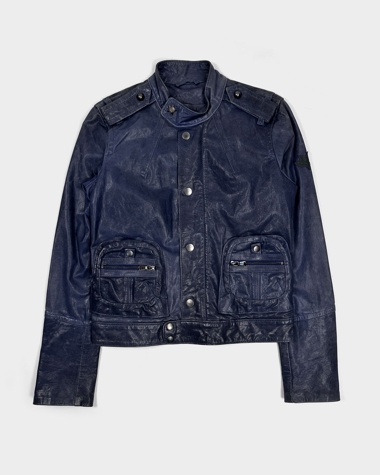 Diesel Dark Blue Cropped Leather Jacket 2000's