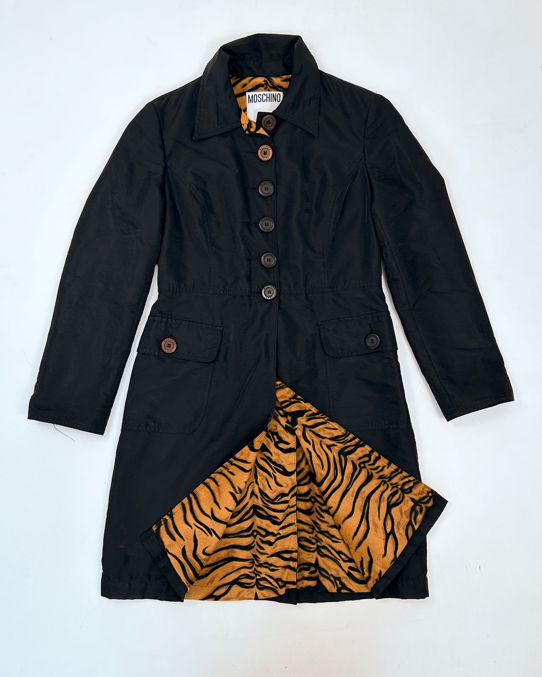 Moschino Black Lion Print Long Coat 1990's