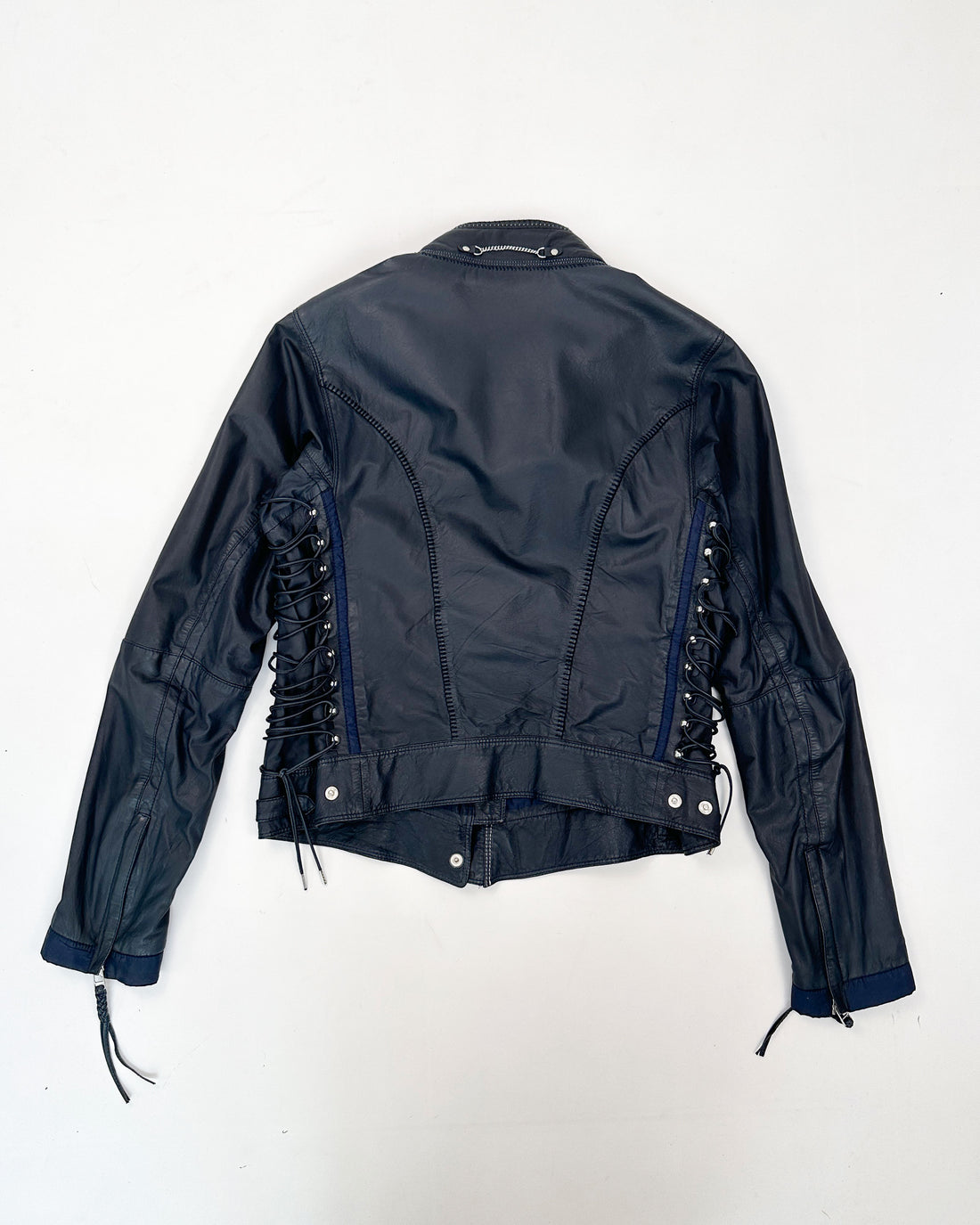 Marithé Francois Girbaud Blue Leather Bondage Jacket 1990's