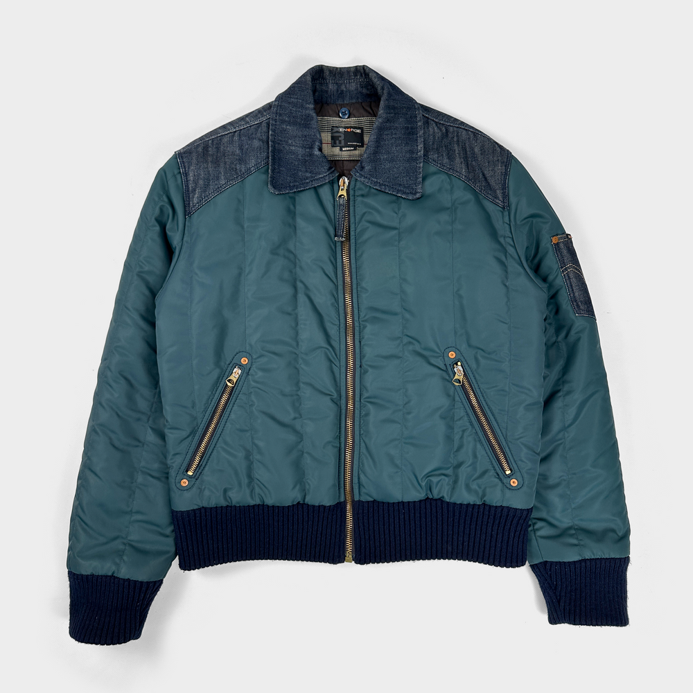 Energie Nylon + Denim Deep Green Bomber Jacket 2000's