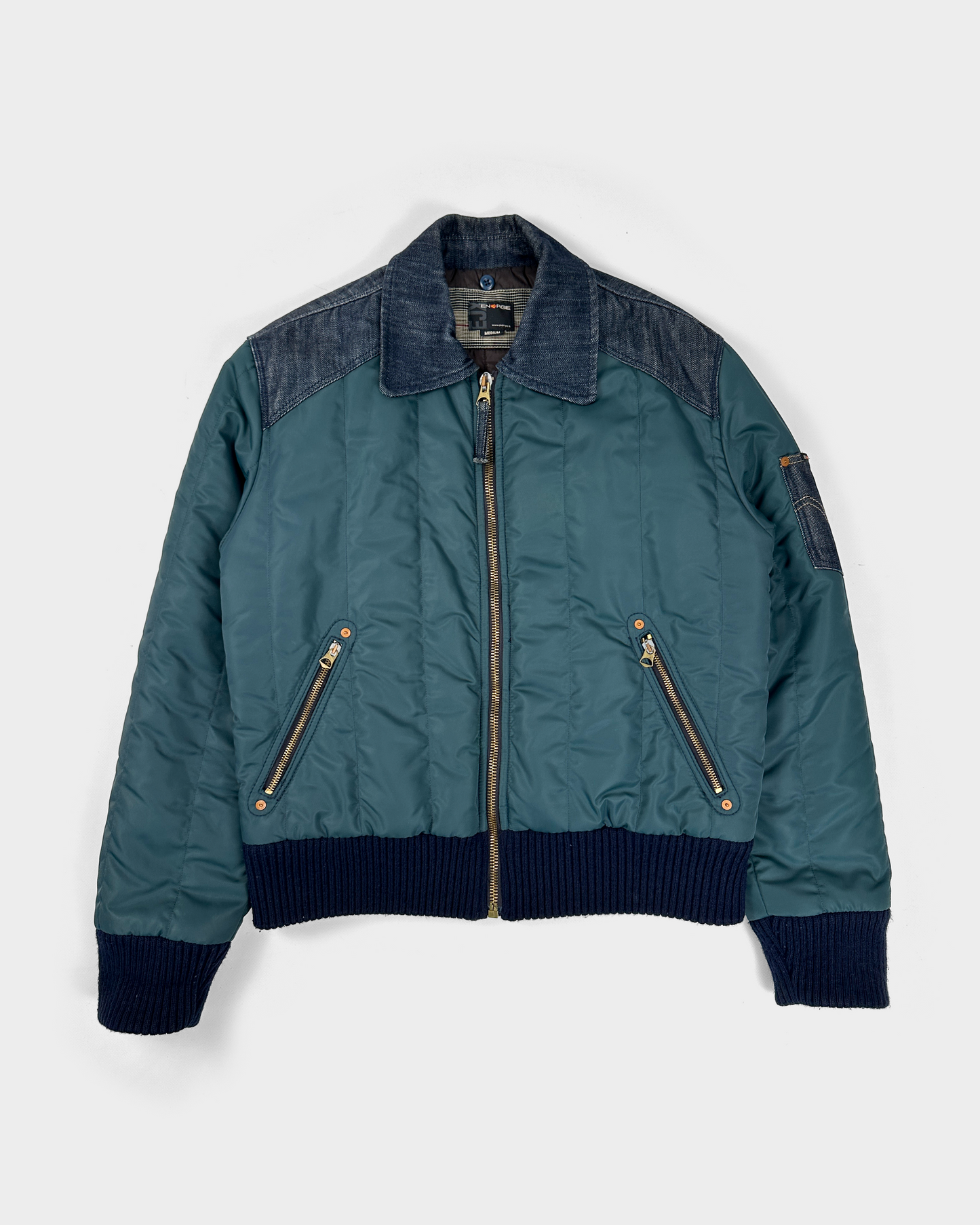 Energie Nylon + Denim Deep Green Bomber Jacket 2000's