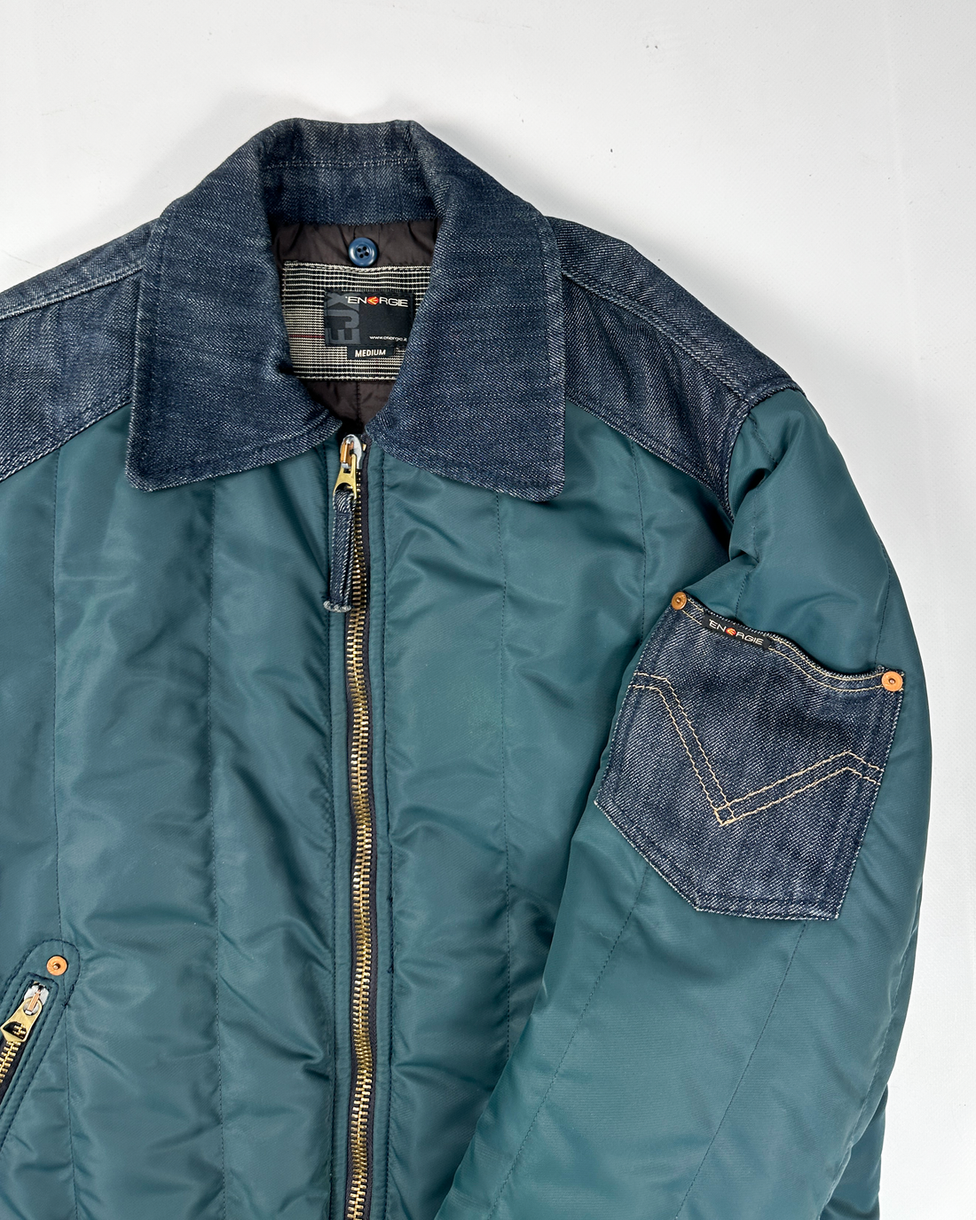 Energie Nylon + Denim Deep Green Bomber Jacket 2000's