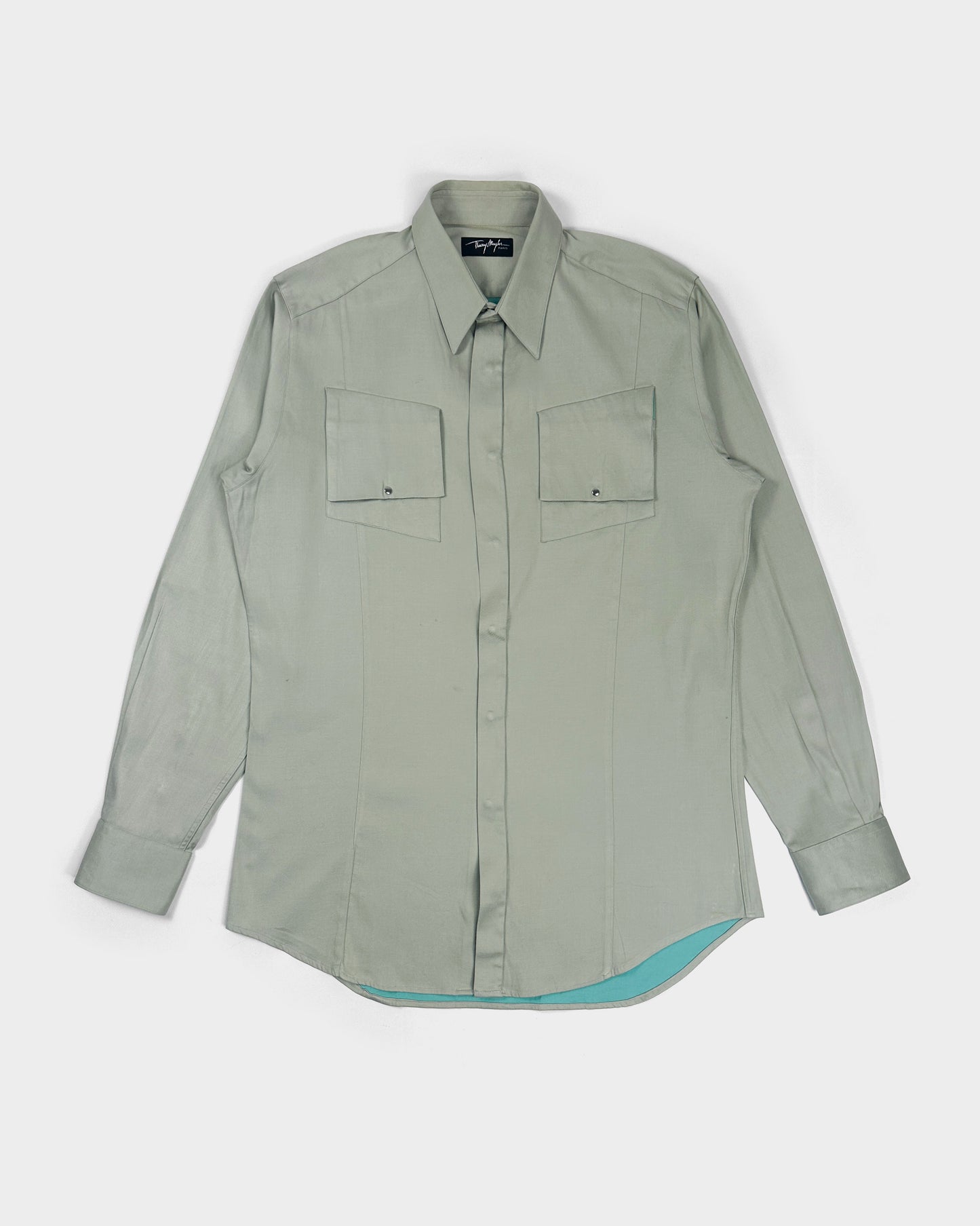 Mugler Aqua Green Metallic Buttons Shirt 1990's