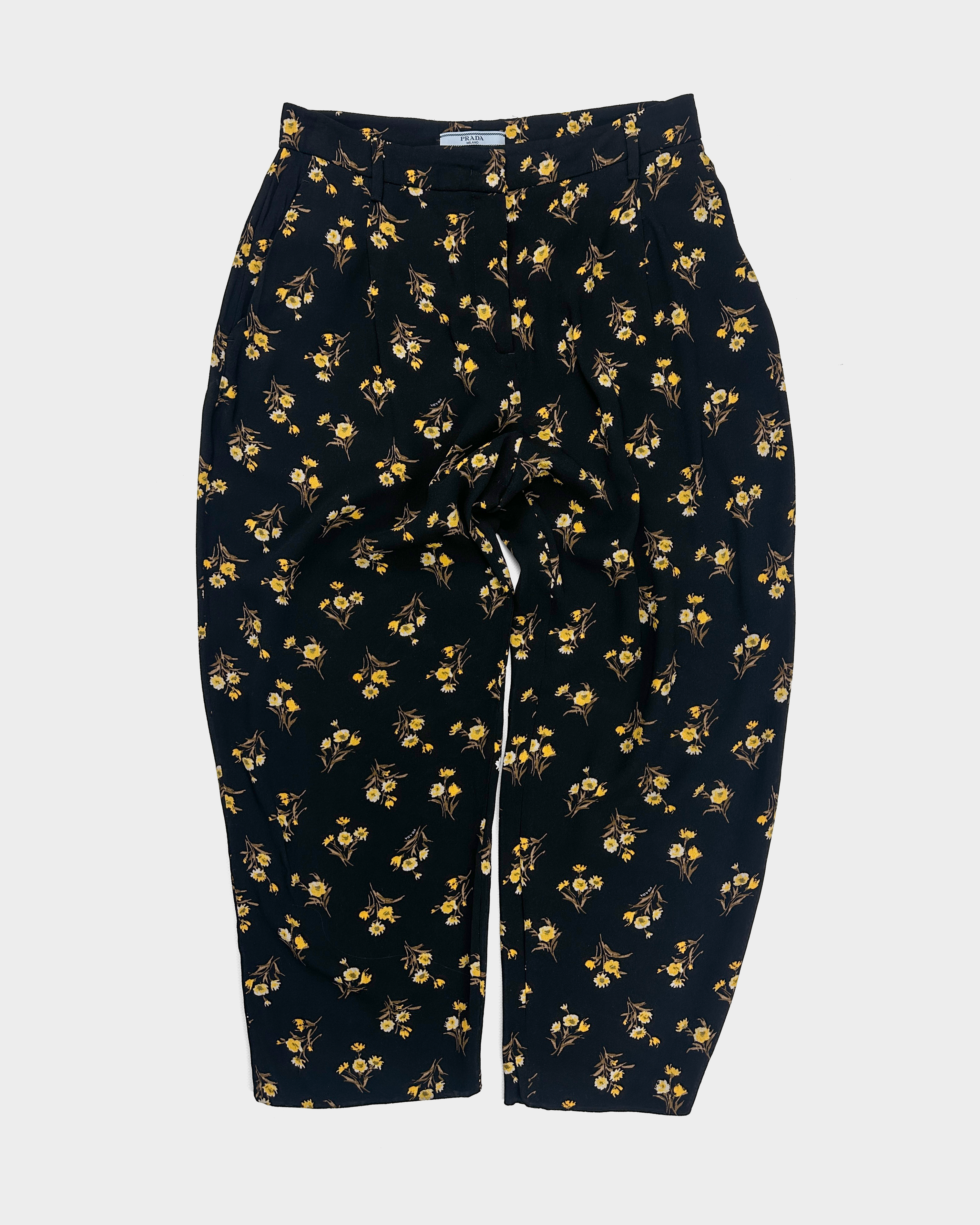 Prada Viscose Black Flower Print Pants S/S 2013