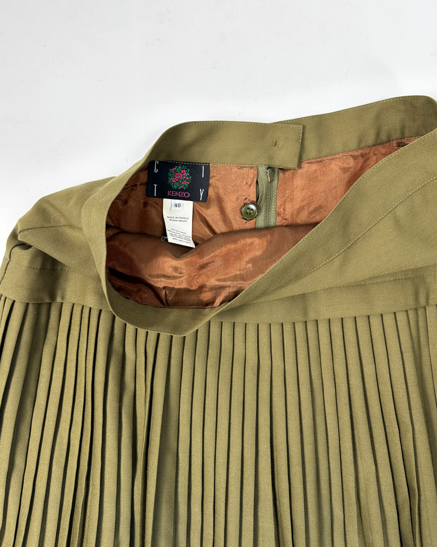 Kenzo 2-Texture Pleated Green Wool Skirt 1990's