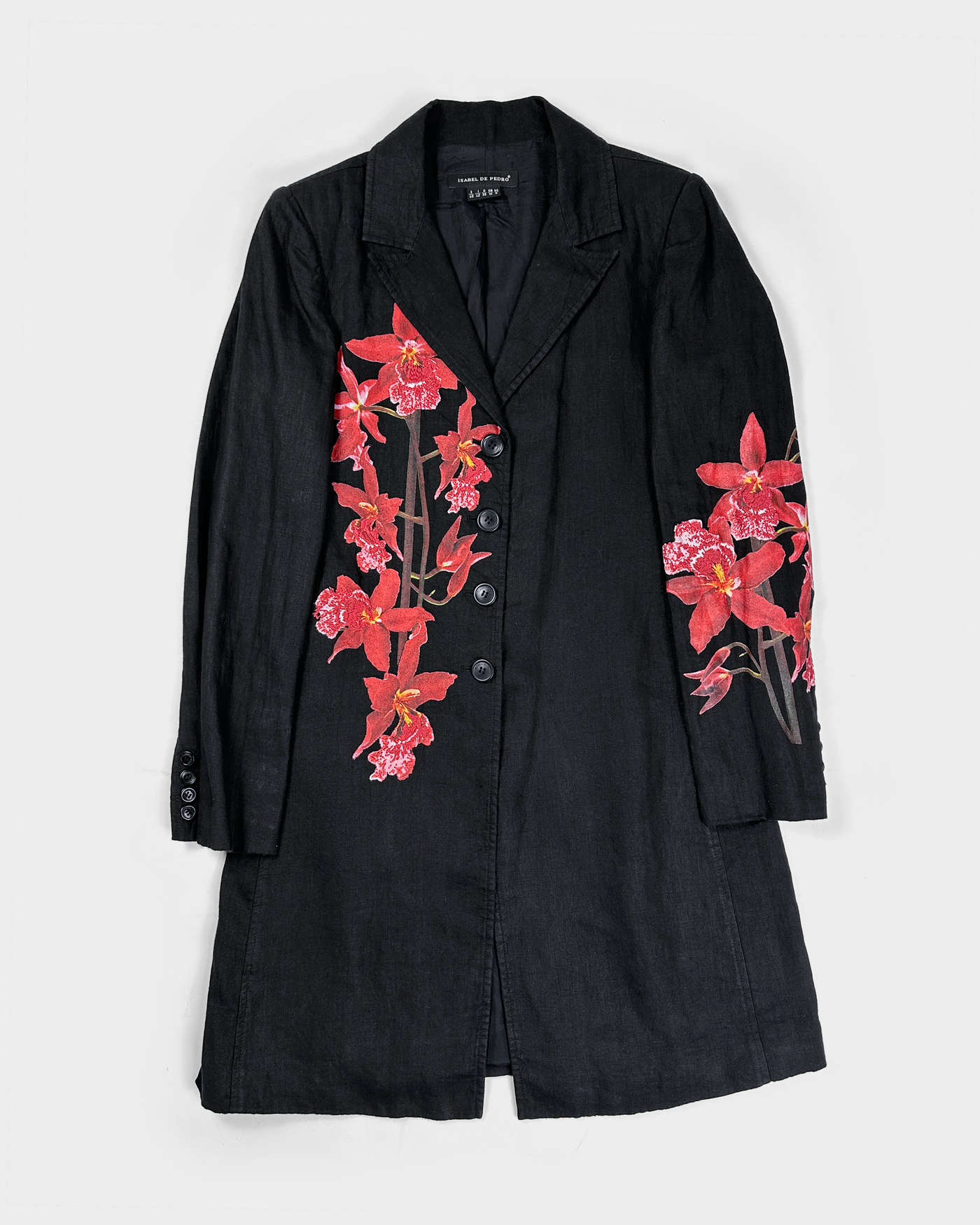 Isabel de Pedro Black Flower Printed Linen Long Coat 2000's