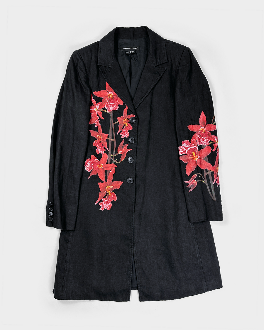 Isabel de Pedro Black Flower Printed Linen Long Coat 2000's